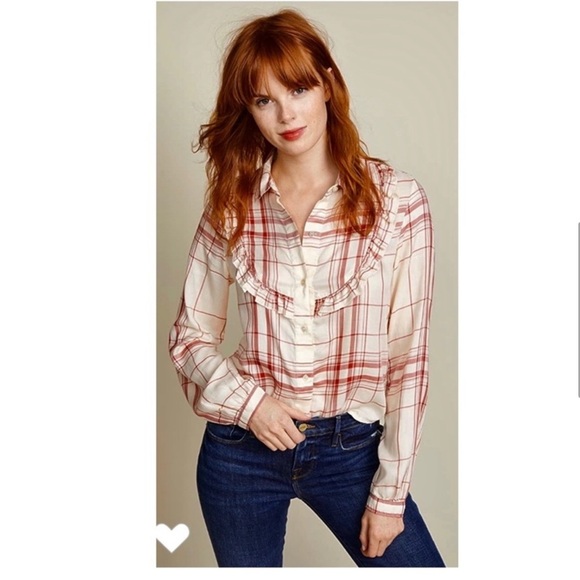 FRAME Ruffle Front Button Down Plaid Shirt. - Picture 1 of 9